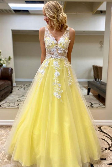 Yellow v neck tulle lace long prom dress yellow formal dress HZ1023